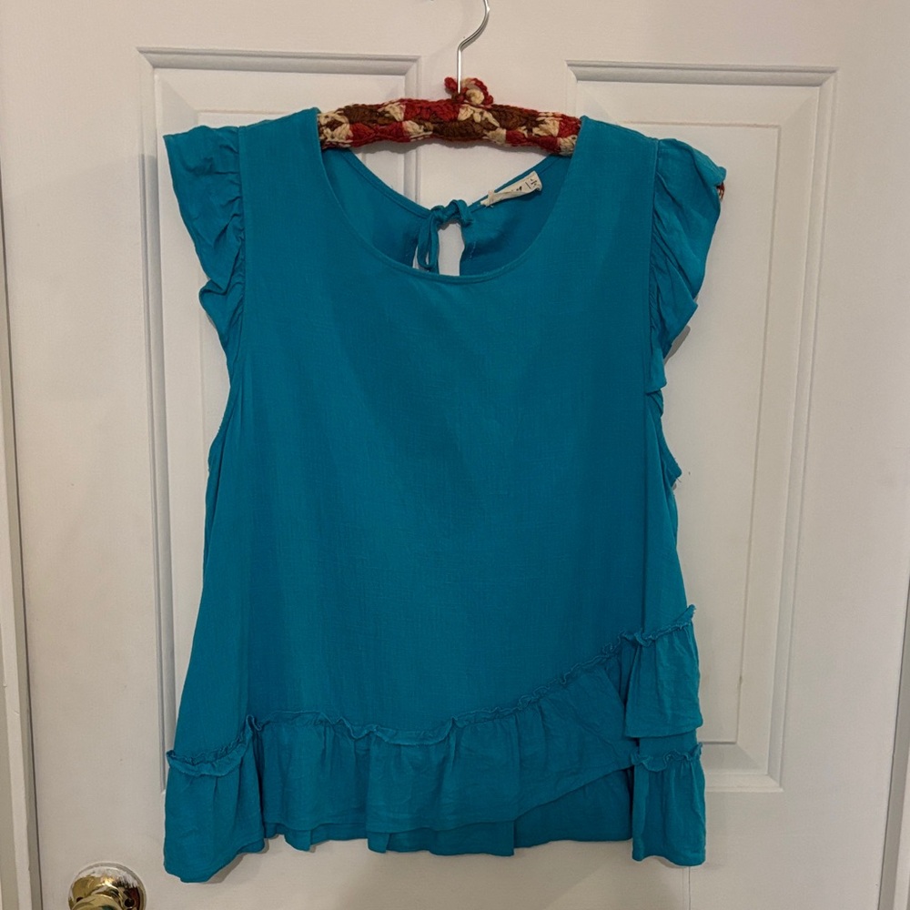 Elegant Teal Ruffle Sleeve Blouse